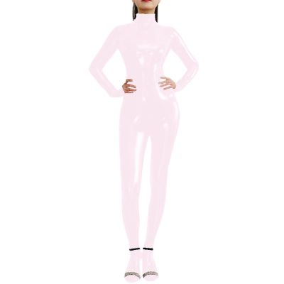 Long Sleeve Shiny PVC Full Bodysuit Slim Turtleneck Faux Leather Wet Look Ladies Stretch Jumpsuit Party Club Wear,Light Pink,XXXL
