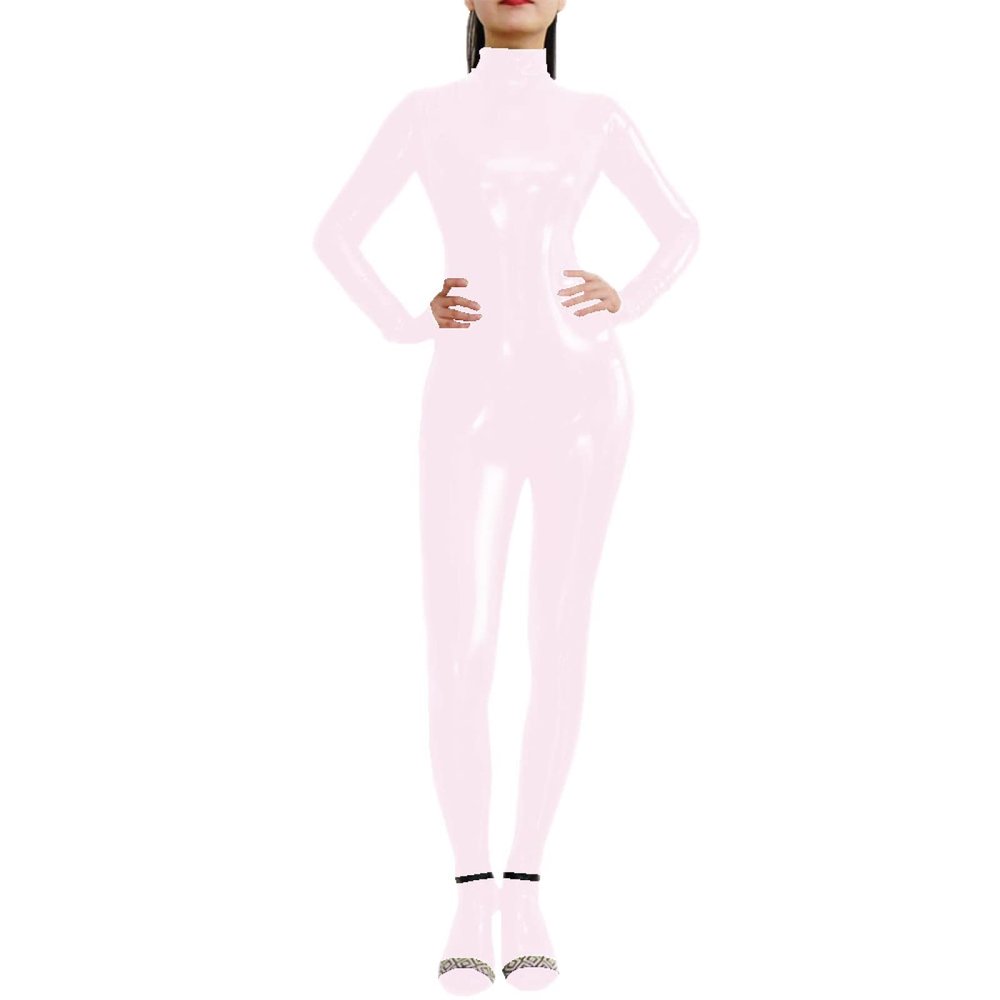 Long Sleeve Shiny PVC Full Bodysuit Slim Turtleneck Faux Leather Wet Look Ladies Stretch Jumpsuit Party Club Wear,Light Pink,XXXL