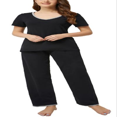 Chamllymers Cotton Pajamas for Women Two Piece Pajama Set Short Sleeve V-neck Tops with Long Pants BLACK-2 XXL