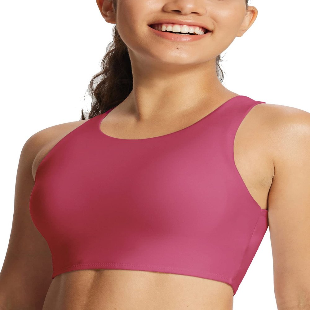 baleaf Women's Swim Bra Tops Modest High Neck Push Up Crop Tank Bikini Top Athletic Sports Swimsuits Bathing Suit Under Rash Guard Rose Red 42