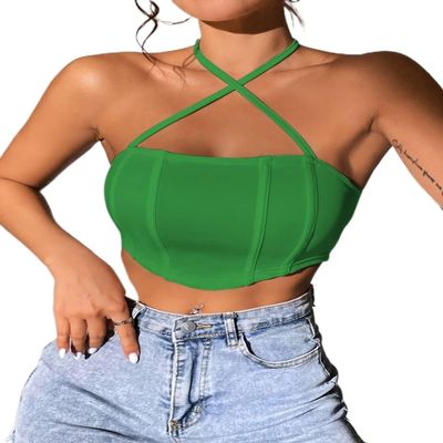 ABOUD Tank top for Women Crisscross Tie Backless Crop Halter Top Tank top for Women (Color : Green, Size : Medium)
