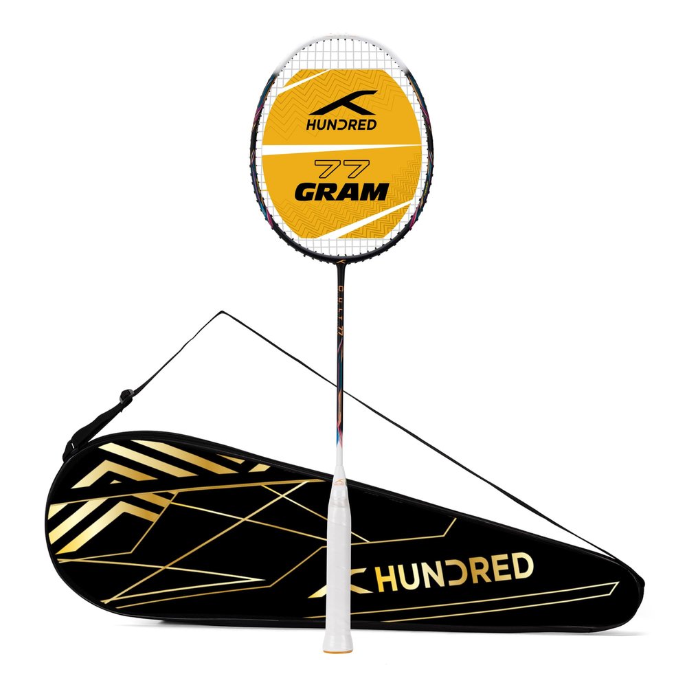 HUNDRED Cult 77 Feather Lite Carbon Fibre Strung Badminton Racket with Full Racket Cover for Intermediate Players (77g,Max Tension - 32LBS)