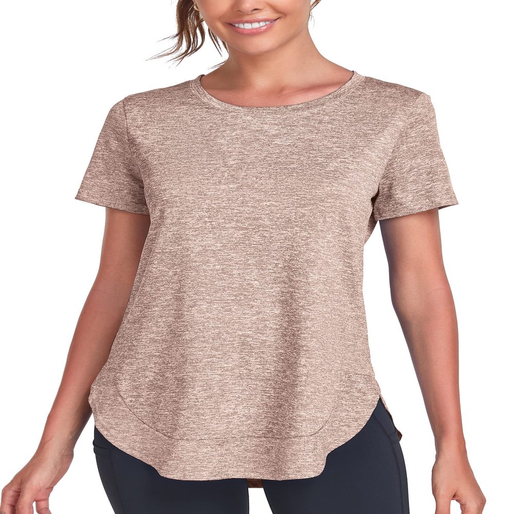 Absttith Athletic Short Sleeve Tops for Women Workout Shirts Casual Quick Dry Gym Soprt Tee Side Split Brown Medium