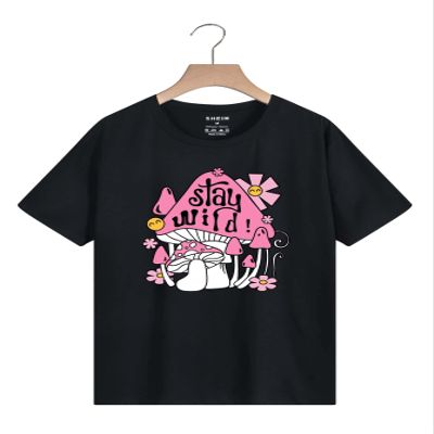 Pockety Women's T-Shirt Mushroom and Slogan Graphic Tee T-Shirt for Women (Color : Black, Size : Large)