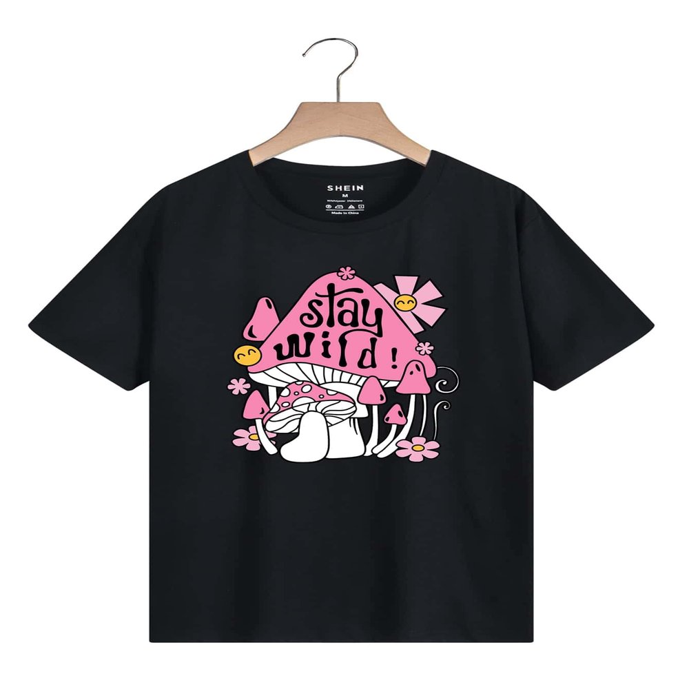 Pockety Women's T-Shirt Mushroom and Slogan Graphic Tee T-Shirt for Women (Color : Black, Size : Large)