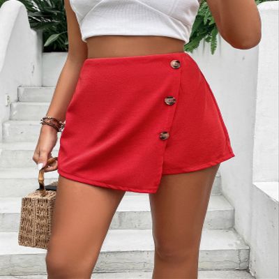 CRTGW Shorts for Women High Waist Fake Button Asymmetrical Hem Skort (Color : Hot Pink, Size : X-Large)