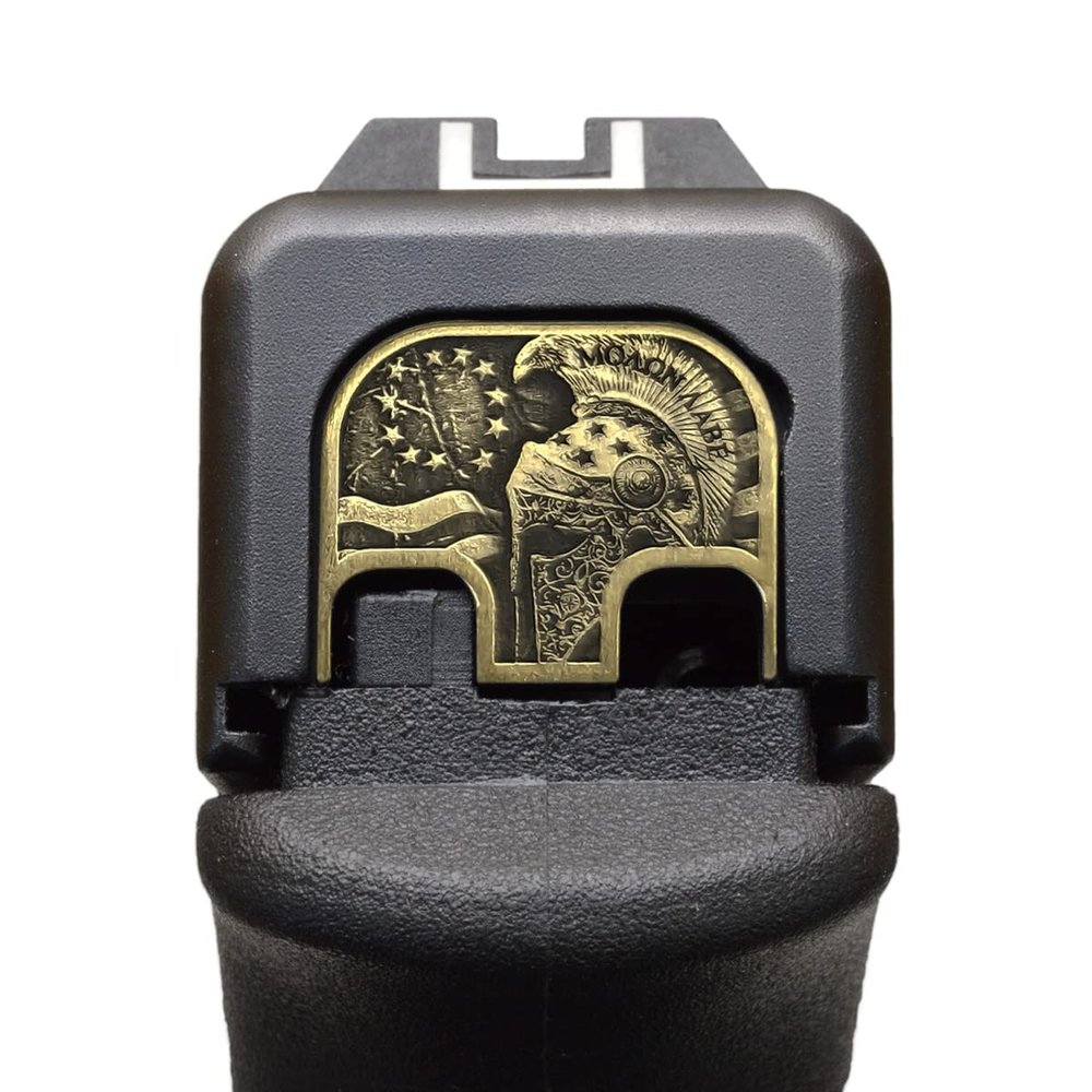 Milspin CNC Milled 3D Engraved Slide Back Plate Compatible with Glock Gen 1-5 I 3 Dimensional I Made in USA (3D Spartan Helmet, Brass, Models G17-G41, G45)