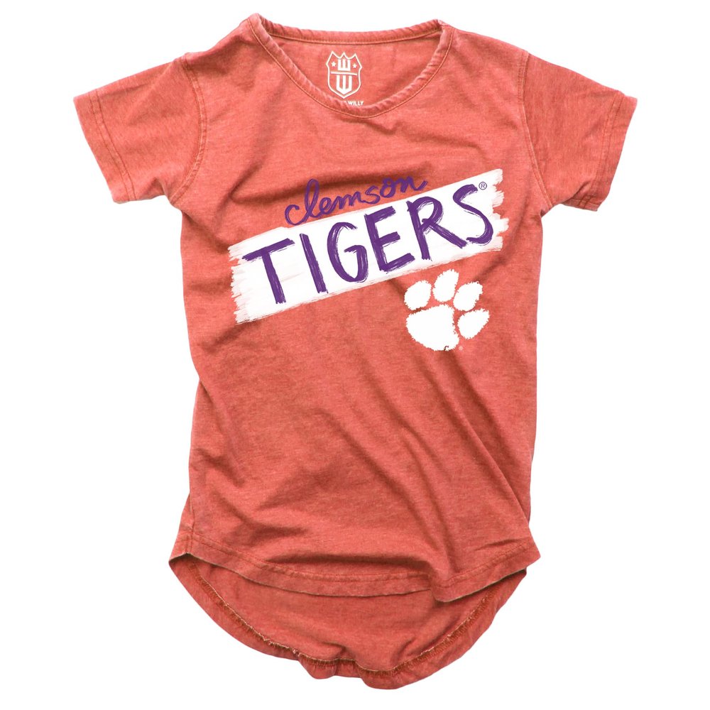 Wes and Willy NCAA Girls S/S Burnout Tee,Clemson Tigers,6,Orange Crush