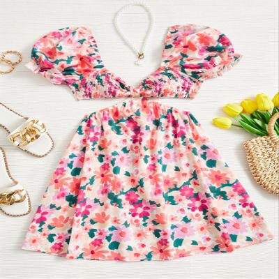 BOPOCO Dresses for Women Dress Women's Dress Allover Floral Print Cut Out Waist Puff Sleeve Dress Dress (Color : Multicolor, Size : Small)