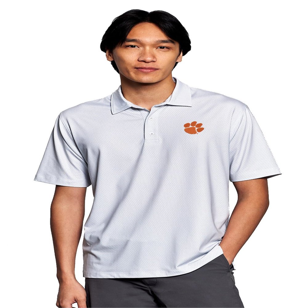 Vantage Apparel Men's Collegiate Premium Moisture Wicking Stretch Fit Diamond Print Polo, Clemson Tigers, Gray, Large