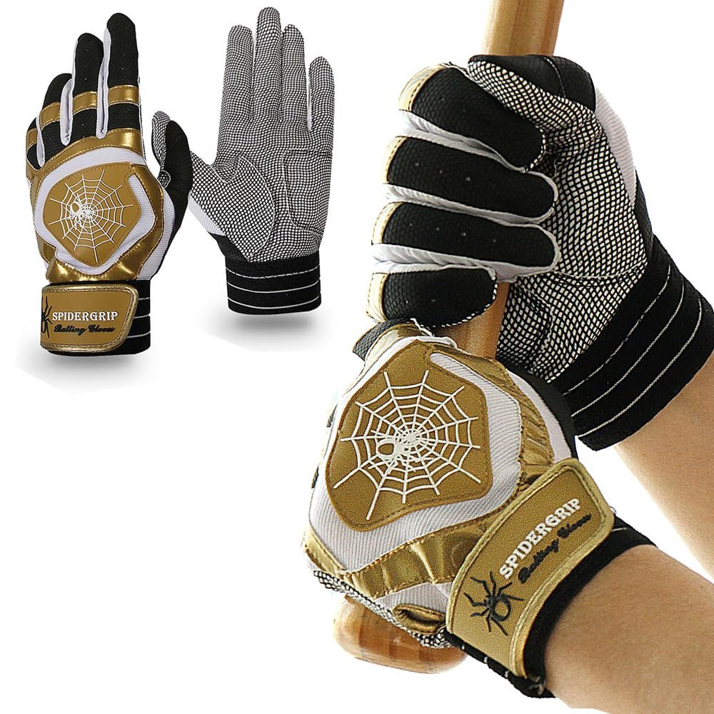 J&S Sporting Spider Grip Baseball Softball Batting Gloves for Mens and Kids (Black Gold, X-Large)