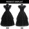 EOILFM Halloween Wednesday Addams Dress Costume Cosplay Girls Black Gothic Dress Up Outfit with Belt Party Show for Kids view 3
