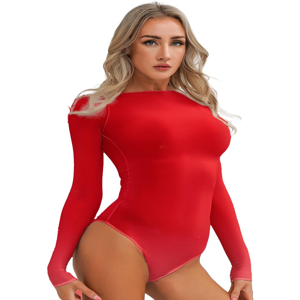 Alvivi Womens Glossy Crotchless Bodysuit Round Neck Long Sleeve Catsuit Sexy See-Through Leotard Red One Size