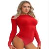 Alvivi Womens Glossy Crotchless Bodysuit Round Neck Long Sleeve Catsuit Sexy See-Through Leotard Red One Size