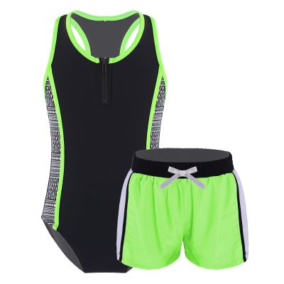 Linjinx Kids Girls Printed Swimsuit 2Pcs Tankini Bikini Swimwear Leotard with Boyshorts Bathing Suit Beachwear Fluorescent Green 10 Years