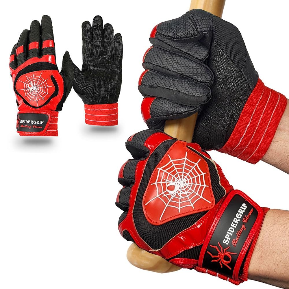 J&S Sporting Spider Grip Baseball Softball Batting Gloves for Mens and Kids (Black Red, X-Small)