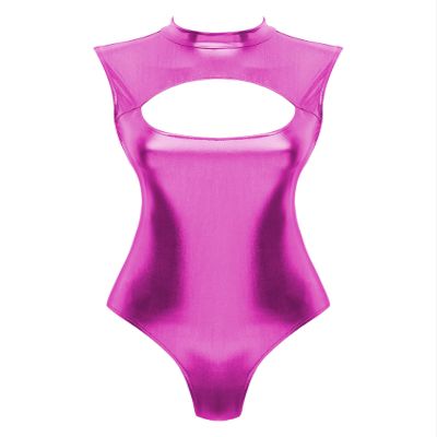 ACSUSS Womens Shiny Leather Cutout Open Bust Sleeveless Gymnastic Dance Leotard Bodysuit Clubwear Hot Pink XX-Large