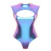 ACSUSS Womens Shiny Leather Cutout Open Bust Sleeveless Gymnastic Dance Leotard Bodysuit Clubwear Blue Small