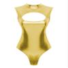 ACSUSS Womens Shiny Leather Cutout Open Bust Sleeveless Gymnastic Dance Leotard Bodysuit Clubwear Gold Small view 1