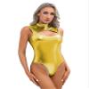 ACSUSS Womens Shiny Leather Cutout Open Bust Sleeveless Gymnastic Dance Leotard Bodysuit Clubwear Gold Small view 2