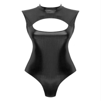 ACSUSS Womens Shiny Leather Cutout Open Bust Sleeveless Gymnastic Dance Leotard Bodysuit Clubwear Black XX-Large