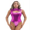 ACSUSS Womens Shiny Leather Cutout Open Bust Sleeveless Gymnastic Dance Leotard Bodysuit Clubwear Hot Pink Small view 4