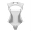 ACSUSS Womens Shiny Leather Cutout Open Bust Sleeveless Gymnastic Dance Leotard Bodysuit Clubwear Silver Large