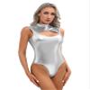 ACSUSS Womens Shiny Leather Cutout Open Bust Sleeveless Gymnastic Dance Leotard Bodysuit Clubwear Silver Large view 4