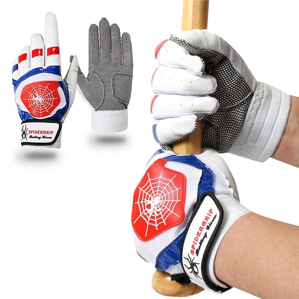 J&S Sporting Spider Grip Baseball Softball Batting Gloves for Mens and Kids (Blue Red, X-Large)
