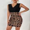 2023 Women's Dresses Geo Print Surplice Neck Bodycon Dress Women's Dresses (Color : Multicolor, Size : Small) view 2