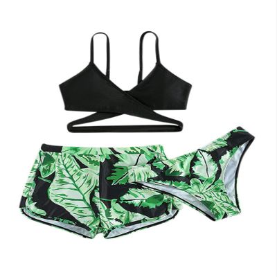 iiniim Girls 3 Piece Swimsuit Leaf Printed Bathing Suit Crop Top Bikini Bottom Criss Cross Swimwear Green 10-11 Years