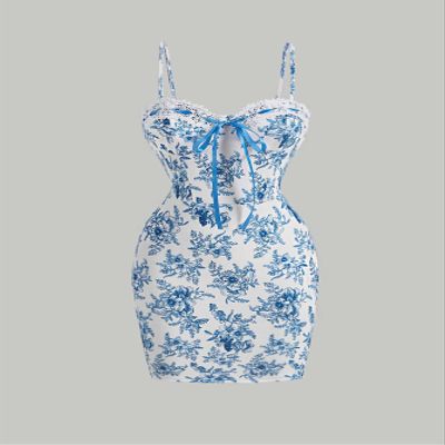 2023 Women's Dresses Allover Floral Print Contrast Lace Cami Dress Women's Dresses (Color : Blue and White, Size : X-Small)
