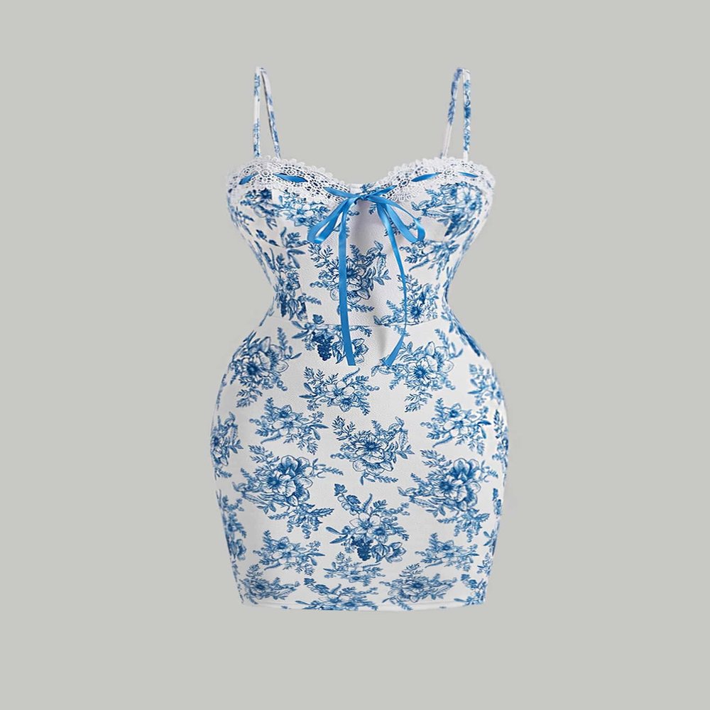 2023 Women's Dresses Allover Floral Print Contrast Lace Cami Dress Women's Dresses (Color : Blue and White, Size : X-Small)