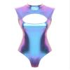 easyforever Women's Metallic Shiny Thong Bodysuit Mock Neck Sleeveless Skinny Catsuit Clubwear Blue XX-Large view 4