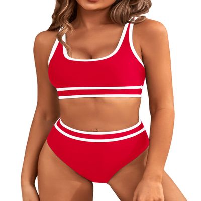 BMJL Women's High Waisted Bikini Sets Sporty Two Piece Swimsuits Color Block Cheeky High Cut Bathing Suits(M,Red)