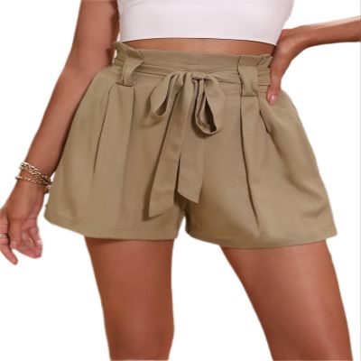 CRTGW Shorts for Women High Waist Paperbag Waist Plicated Detail Belted Shorts (Color : Khaki, Size : X-Large)