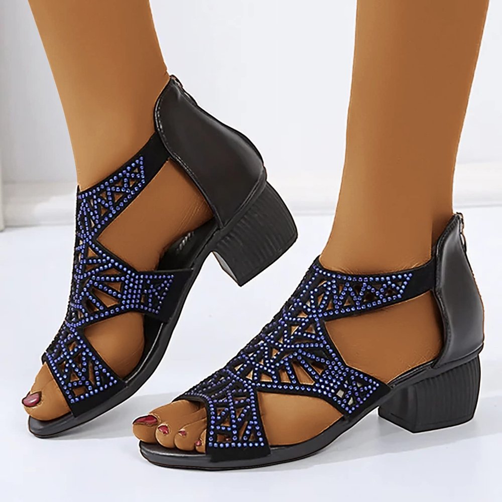 Strappy Sandals for Women Heel,Sandals for Women Dressy Summer,Open Toe Strappy Caged Roman Shoes Chunky Low Heels Rhinestone Sandals Comfortable Non Slip Back Zipper Dance Sandals