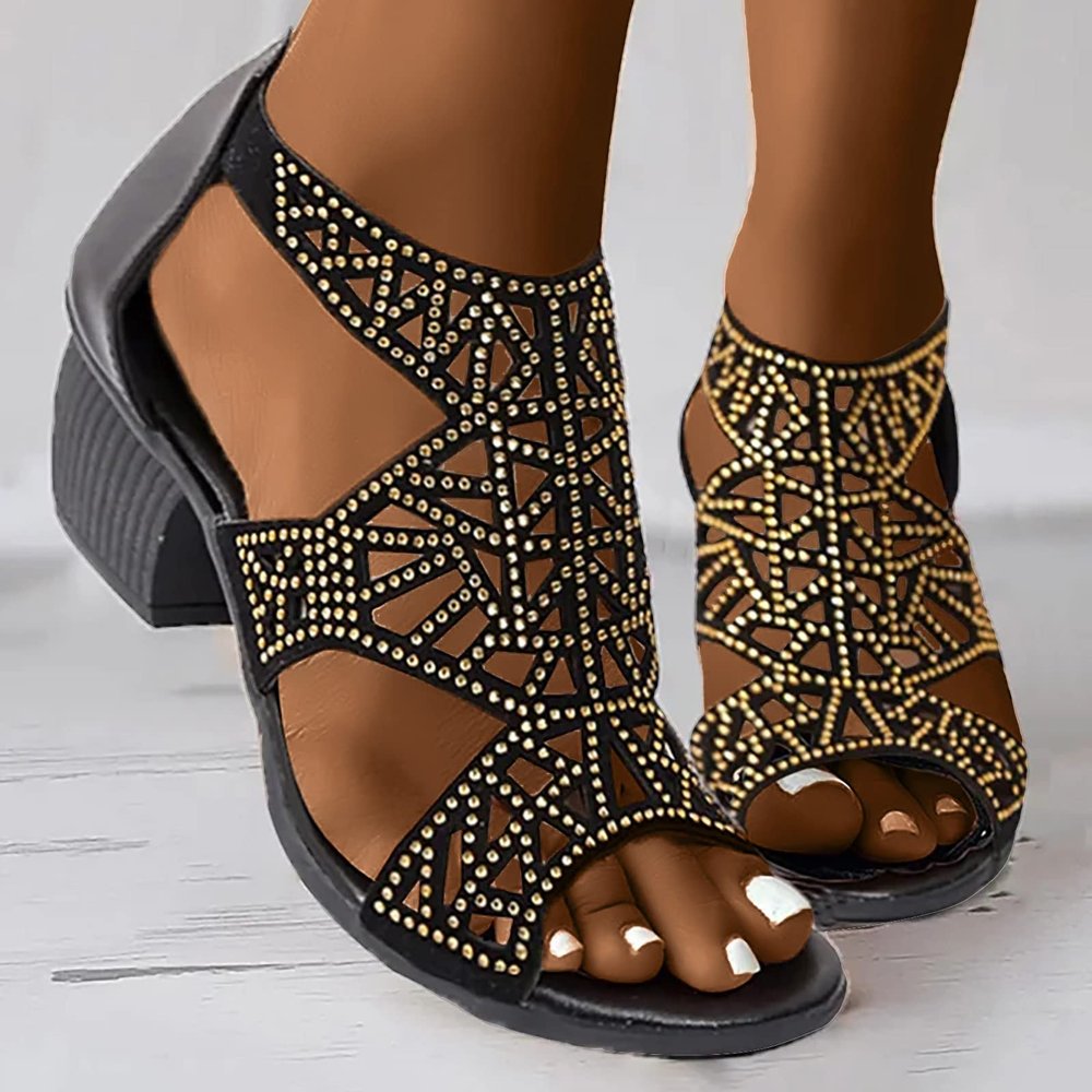 Strappy Sandals for Women Heel,Sandals for Women Dressy Summer,Open Toe Strappy Caged Roman Shoes Chunky Low Heels Rhinestone Sandals Comfortable Non Slip Back Zipper Dance Sandals