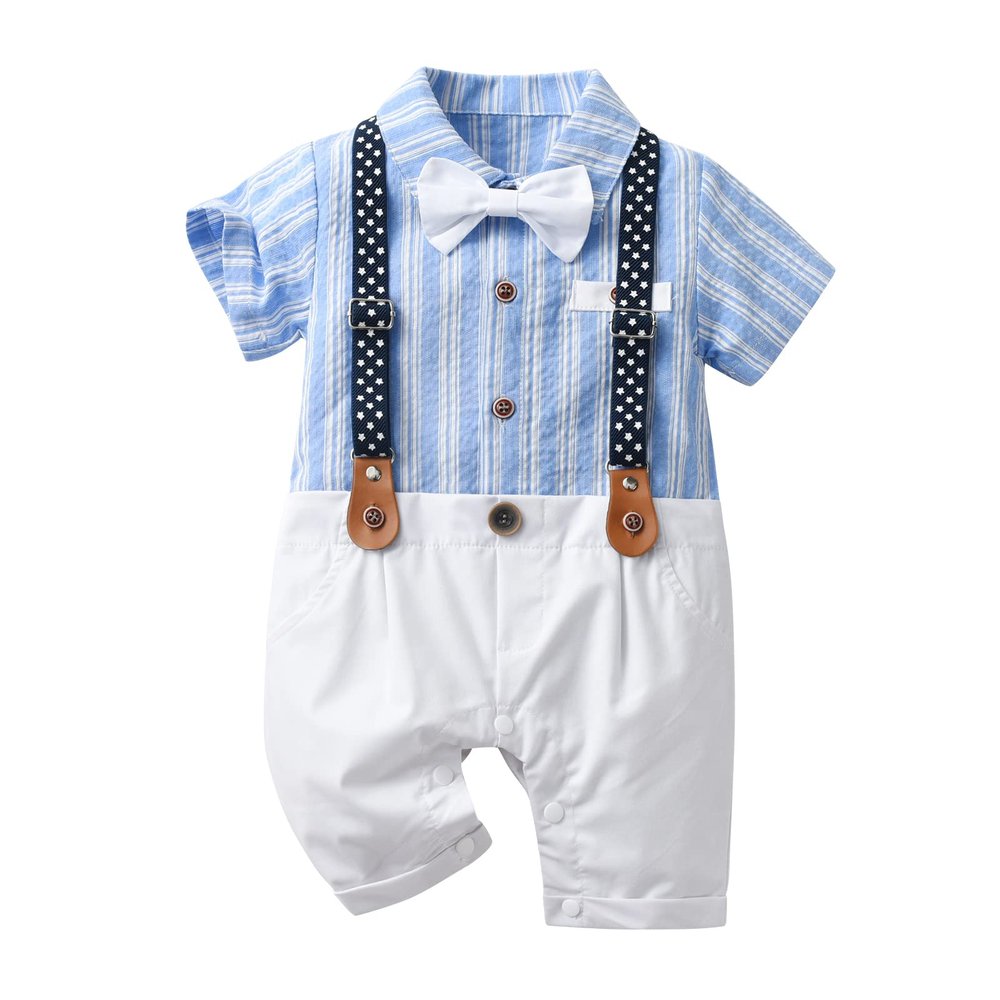 ALINTU Baby Boy Gentleman Dress Clothes, Short Sleeve Onesie with Bow Tie Romper Jumpsuit, White, 12-18 Months