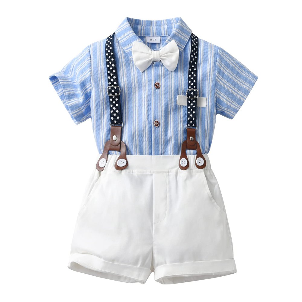 ALINTU Toddler Boy Dress Clothes, Short Sleeve Shirts + Suspenders Shorts with Bow Tie Gentleman Outfit, White, 4-5T