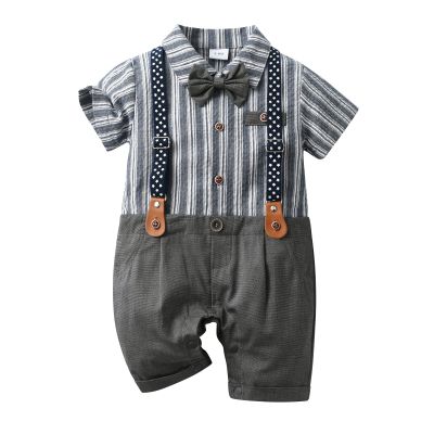 ALINTU Infant Boy Gentleman Dress Clothes, Short Sleeve Onesie with Bow Tie Romper Jumpsuit, Dark Grey, 3-6 Months