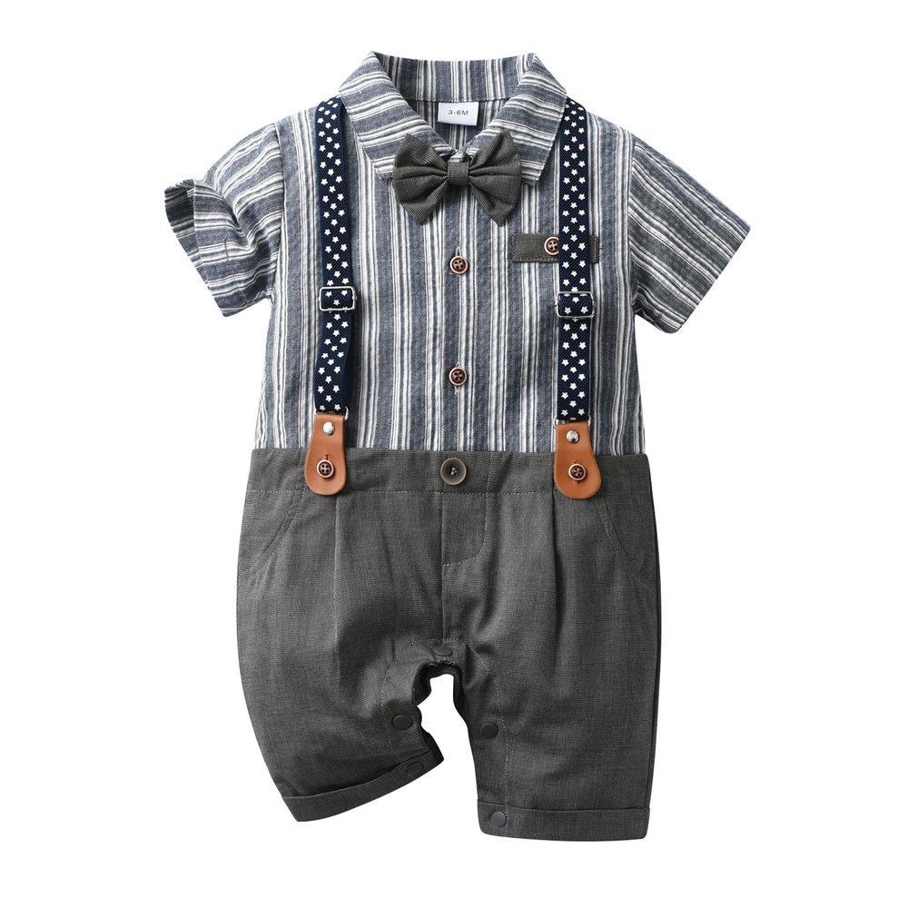 ALINTU Infant Boy Gentleman Dress Clothes, Short Sleeve Onesie with Bow Tie Romper Jumpsuit, Dark Grey, 3-6 Months