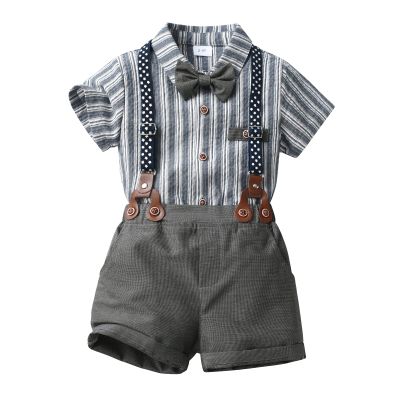 ALINTU Boy Dress Clothes, Short Sleeve Shirts + Suspenders Shorts with Bow Tie Gentleman Outfit, Dark Grey, 5-6 Years