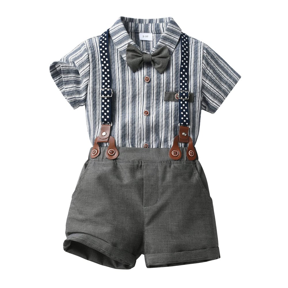 ALINTU Boy Dress Clothes, Short Sleeve Shirts + Suspenders Shorts with Bow Tie Gentleman Outfit, Dark Grey, 5-6 Years