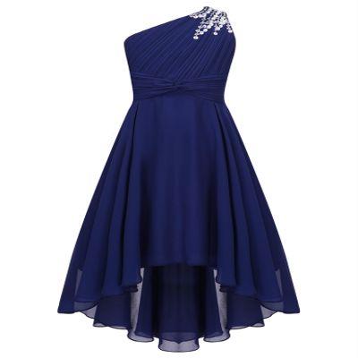 Shinsto Kids Girls Junior Bridesmaid Dress Shiny Beaded One Shoulder Chiffon High Waist Princess Gowns Navy Blue 16 Years