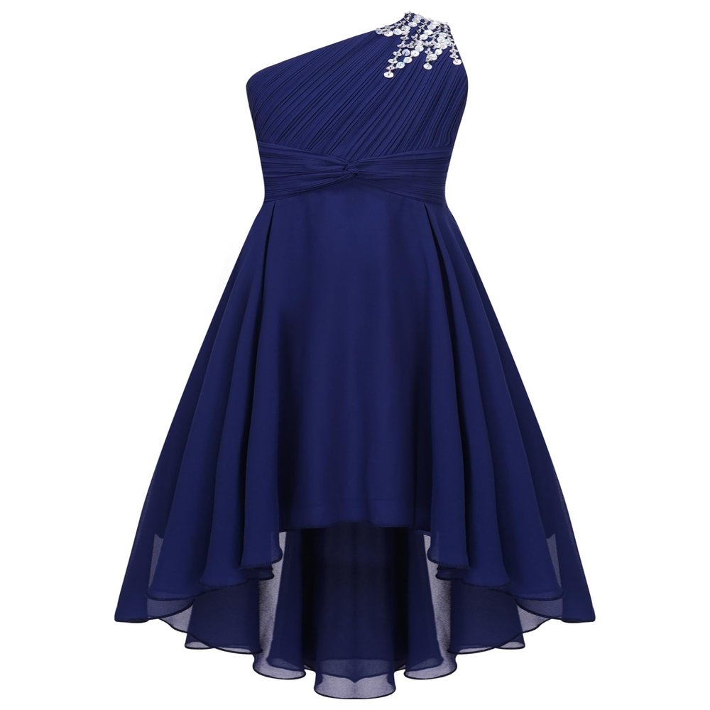 Shinsto Kids Girls Junior Bridesmaid Dress Shiny Beaded One Shoulder Chiffon High Waist Princess Gowns Navy Blue 16 Years