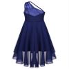 Shinsto Kids Girls Junior Bridesmaid Dress Shiny Beaded One Shoulder Chiffon High Waist Princess Gowns Navy Blue 16 Years view 3