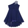 Shinsto Kids Girls Junior Bridesmaid Dress Shiny Beaded One Shoulder Chiffon High Waist Princess Gowns Navy Blue 16 Years view 4