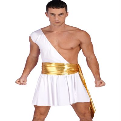 CHICTRY Men Ancient Rome Costume One Shoulder Harness Skirts Mr. Toga Outfits for Halloween Theme Party White A Small
