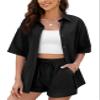 COZYPOIN Women 2 Piece Outfits Cotton Linen Short Sleeve Button Down Shirt Blouse and Shorts Set Tracksuits(Black-XL) view 1